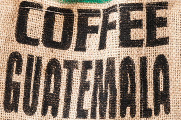 Jute bag fabric with black text Coffee Guatemala