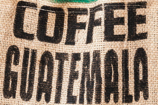 Jute bag fabric with black text Coffee Guatemala