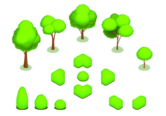 Realistic isometric set of park plants with green trees and bushes of various shapes isolated on white background. 3D trees icon. Set vector isometric trees forest nature elements for maps and games.
