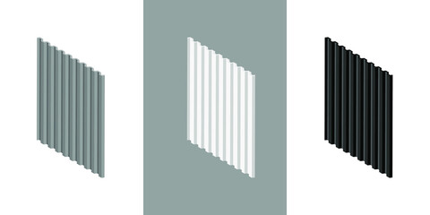 Galvanized iron sheets isometric vector icon. Corrugated roofing sheets isolated on white background. Black and white wavy slate. Metal roof, metal siding, profiled sheeting for covering or fencing.