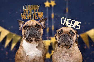 French Bulldog dogs wearing golden New Year's Eve party celebration headbands with words 'Happy new...