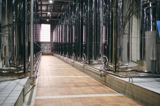 Rows of shiny stainless steel reservoirs placed in bright industrial area of modern factory