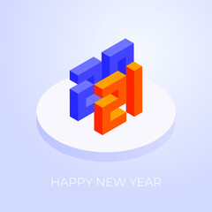 2021 Happy New Year text vector banner template. Cartoon isometric illustration in minimal style. Isometric 2021 Happy New Year. 3D modern card design for invitation, postcard, greeting card, flyer, w