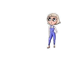 A girl with a light square and a blue jumpsuit in brown shoes with big eyes from the pages of a fashion magazine. Casual fashion. A young woman. Drawing. banner. High quality illustration
