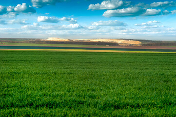 Obraz premium green field of winter and agricultural lands and quarries in the distance