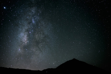 From below of dark night sky with glowing stars and Milky Way galaxy