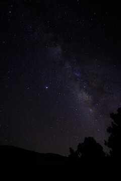 From below of dark night sky with glowing stars and Milky Way galaxy
