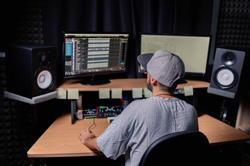 Back view of unrecognizable male musician sitting at table with monitors and stereo speakers while recording audio in studio