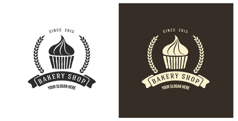 Cupcake bakery shop simple label, badge, emblem, logo template. Graphic food art with engraved cupcake design vector element with typography. Organic pastry logotype on and white black background