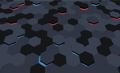 Dark hexagonal vector background. Gray mesh, honeycomb texture. Decoration in dark colors with highlighting of some honeycombs in red, blue. Futuristic look.