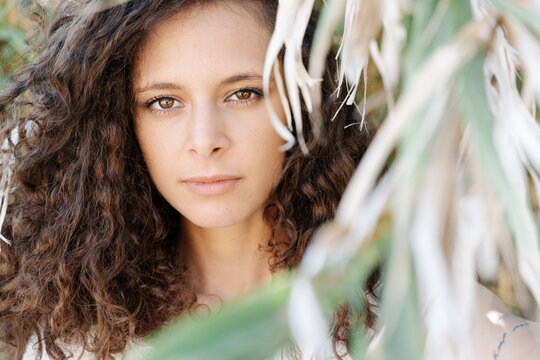 Flirty young ethnic mixed race female with curly hair looking at camera standing in foliage of verdant tree looking at camera