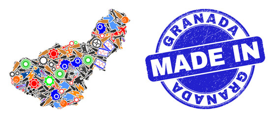 Industrial mosaic Granada Province map and MADE IN distress stamp. Granada Province map mosaic formed with spanners,wheels, tools,components,transports,electricity strikes,rockets.
