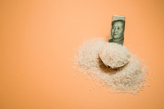 High angle of pile of rice in bowl with Chinese renminbi bill arranged on peach background in studio