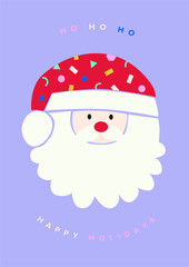 Santa Claus in a red hat greeting card on the violet isolated background. Winter holidays postcard.