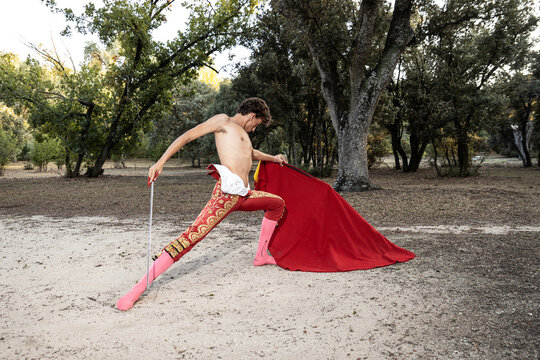Focused slim male shirtless bullfighter in red pants holding cloak performing gracefully before corrida in nature
