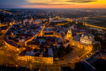 Aerial view of dawn over Old Town in Lublin, Poland - obrazy, fototapety, plakaty