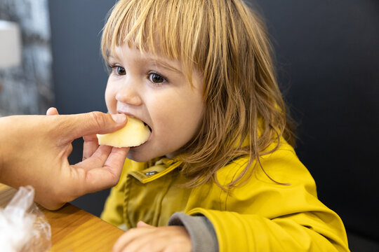 Unrecognizable caring mother feeding little child with piece of apple while sitting in cafe