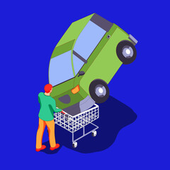 Man is carrying a shopping cart with compact car. The redhead man wants to buy a green electric car in isometric.