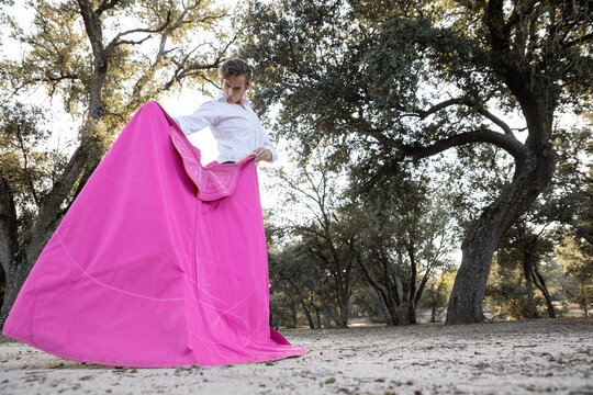 From below focused slim male bullfighter in black pants and white shirt holding pink cloak performing gracefully before corrida in nature