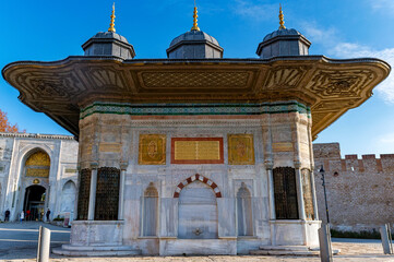 Close up of Fountain of Sultan Ahmed III of Topkapi Palace in Istanbul, Turkey