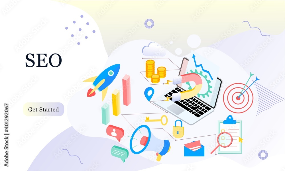 Poster landing page of seo search engine optimization modern flat design isometric template. conceptual seo