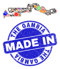 Industrial the Gambia map mosaic and MADE IN textured rubber stamp. The Gambia map composition created from spanners,wheel, tools,,keys,airplanes,aircrafts,air planes,aviation symbols,power bolts,