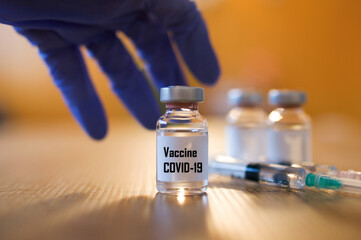 Coronavirus, Covid 19 virus, vaccine vial. Vaccine phial with transparent fluid for coronavirus...