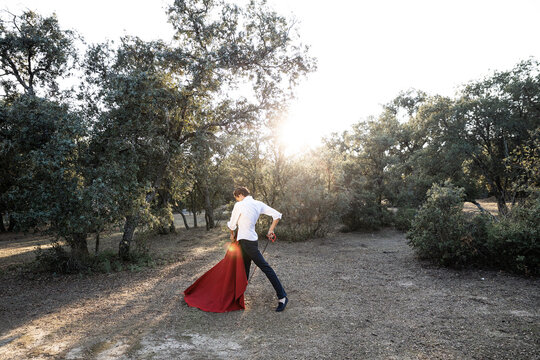 Slim unrecognizable male bullfighter in black pants and white shirt holding red cloak performing gracefully before corrida in nature