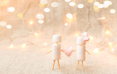 Romantic background with defocus light. A couple of marshmallows. The concept of family, love.