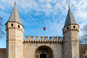 Fototapeta na wymiar Close up of Topkapi Gate of Salutation with old styled ottoman calligraphy