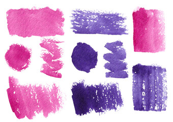 Set of blue and pink watercolor spots on a white background. Isolated blue, lilac, pink, fuchsia, purple spots.