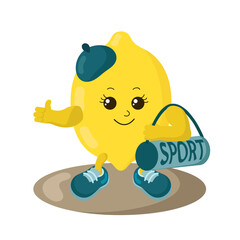 Cute strong lemon athlete with sneakers and sports bag. Colorful smiling kawaii fruit emoticon. Isolated vector illustration.	