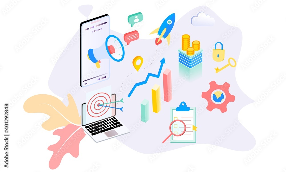 Poster landing page of seo search engine optimization modern flat design isometric template. conceptual seo
