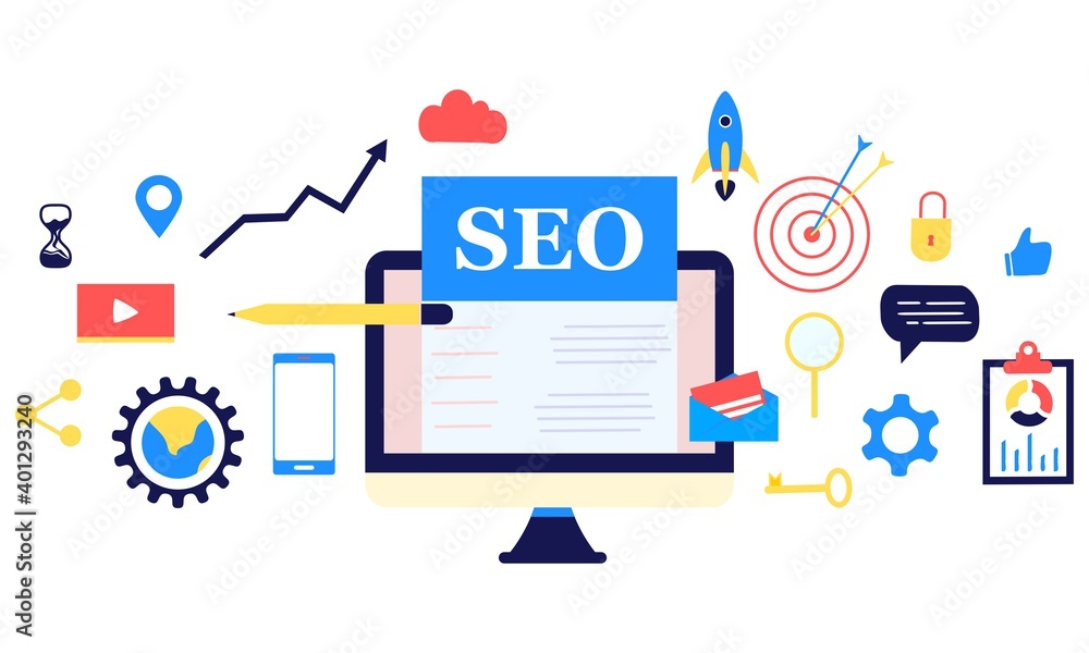 Aufkleber modern flat design concept of seo search engine optimization banner for website and mobile website. 