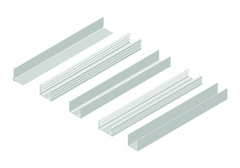 Isometric vector illustration of profiles for plasterboard isolated on white background. Different types of steel profiles vector icons. Cartoon isometric profiles for plasterboard. Building materials
