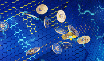 concept of the digital e-Euro, hexagonal structure background. colors of the flag of Europe and light blue lights 3d-illustration
