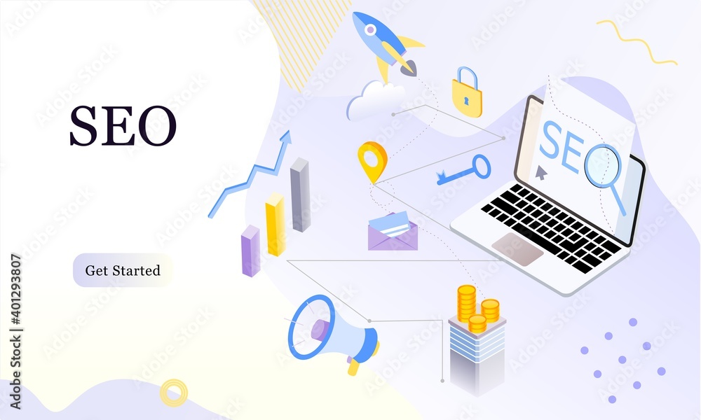 Poster landing page of seo search engine optimization modern flat design isometric template. conceptual seo