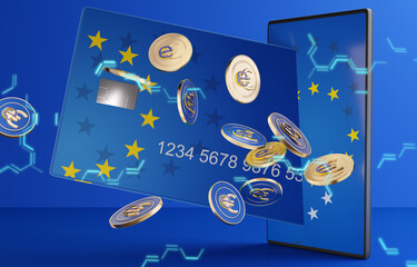 concept of the digital e-Euro with credit card and mobile phone, hexagonal background. colors of the flag of Europe and light blue lights 3d-illustration