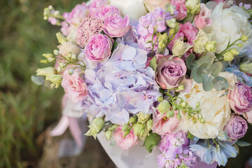Beautiful flowers bouquet of purple white and pink flowers. Flowers background. Flowers composition  for Internationat womans day.