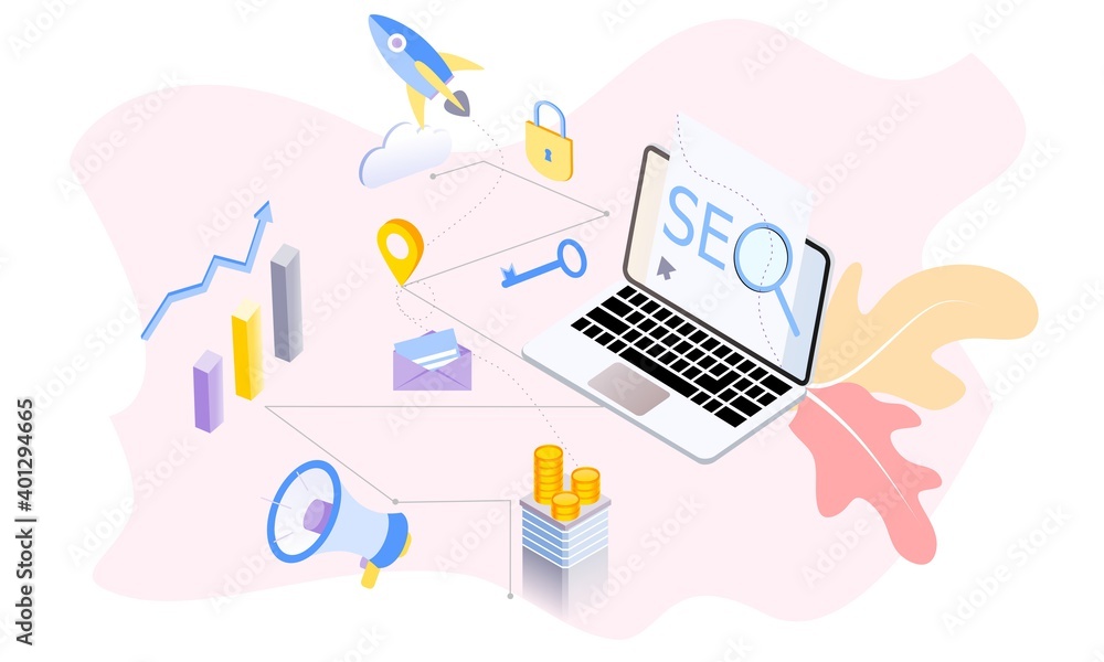 Poster landing page of seo search engine optimization modern flat design isometric template. conceptual seo