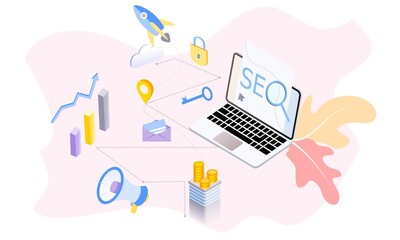 Landing page of SEO Search Engine Optimization modern flat design isometric template. Conceptual SEO analysis and optimization, SEO strategies and marketing concept vector illustration for web site. 