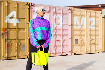 Confident female hipster in street style clothes and trendy sunglasses standing with bag in urban area of city and looking away