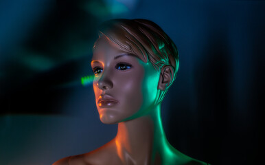 Creative image of mannequin woman in dark room with light effects