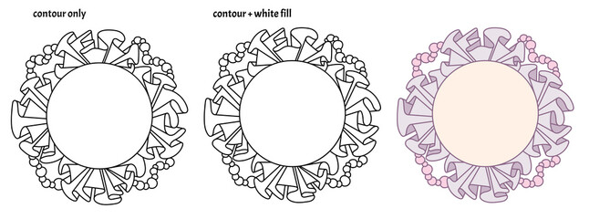 Set of cute cartoon frame templates with textile ruffles, pearls and beads. Isolated colored copy space vector illustration	