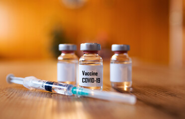 Coronavirus, Covid 19 virus, vaccine vial. Vaccine phial with transparent fluid for coronavirus covid-19.  