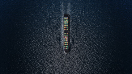 Ultra Large Cargo ship with containers Sailing at night with The moon light- Aerial
, Freight...