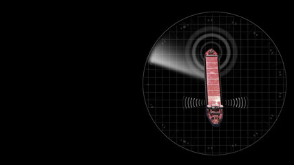 3d rendering- Cargo ship with radar and antenna signal 
, On black background, WIFI connection communication Radar and wireless 5G internet network for logistic transportation .

