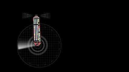 3d rendering- Cargo ship with radar and antenna signal 
, On black background, WIFI connection communication Radar and wireless 5G internet network for logistic transportation .
