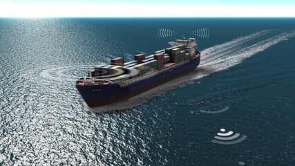 3D rendering- Cargo ship with radar,antenna and wifi signal- aerial view
, WIFI connection...