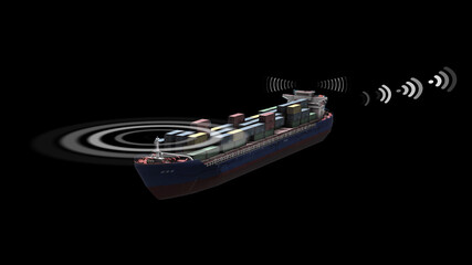 3D Rendering-Cargo ship with radar and antenna signal 
, On black background, WIFI connection...